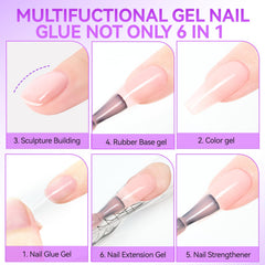 Gelike EC 6-in-2 Jelly Builder Gel Nail Glue: Nude Pink UV Rubber Base Gel for Apex Building & Short Extension – Extra Strong Adhesive for Press On & Acrylic Nail Tips for Home DIY Girl Gift