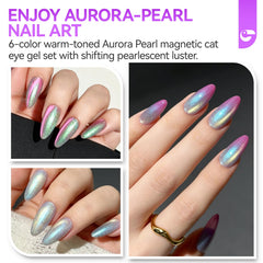 Aurora Pearl Cat Eye Gel Nail Polish Set 6 Colors, 16ML Same Color Bottle