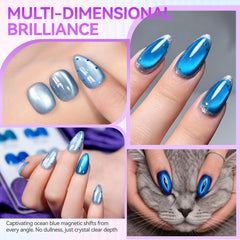 Blue Cat Eye Gel Nail Polish Set with Magnet, Ocean Sapphire 6 Colors, 16ml