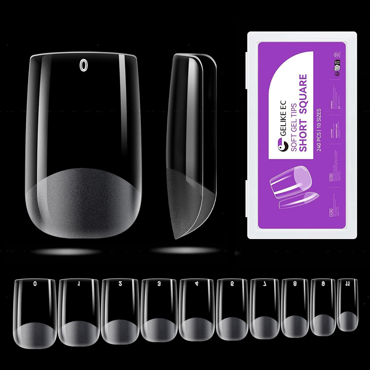 Gelike ec Short Square Nail Tips: 240PCS Soft Gel Tips for Nail Extensions Square Shaped Full Cover Nail Tips Pre Etched - PMMA Resin Clear False Nails Press on Nails 10 Sizes, SHORT SQUARE