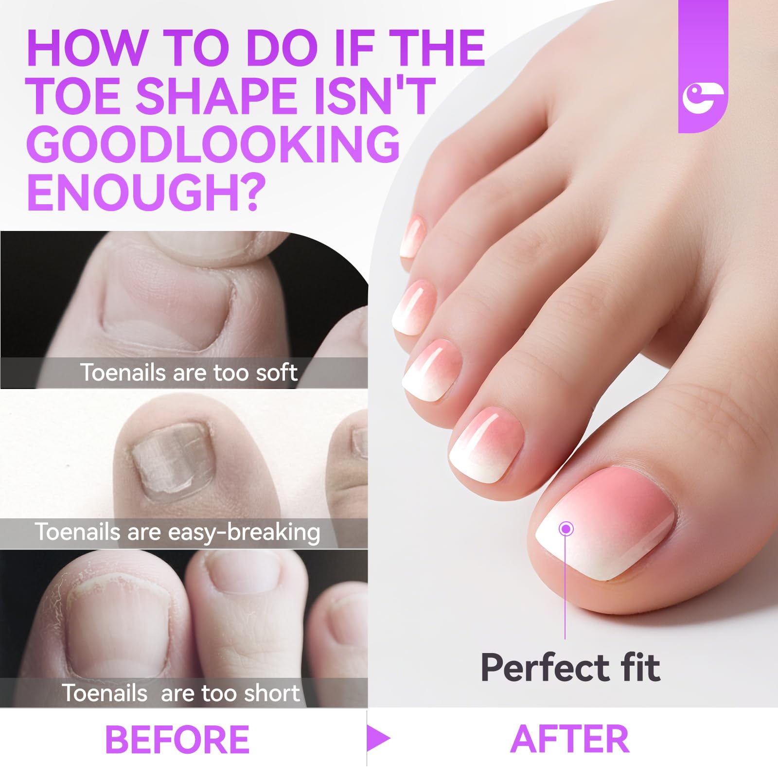 Gelike Ec Press on Toenails for Wide Beds: 240 Pcs Blush Pink Ombre French