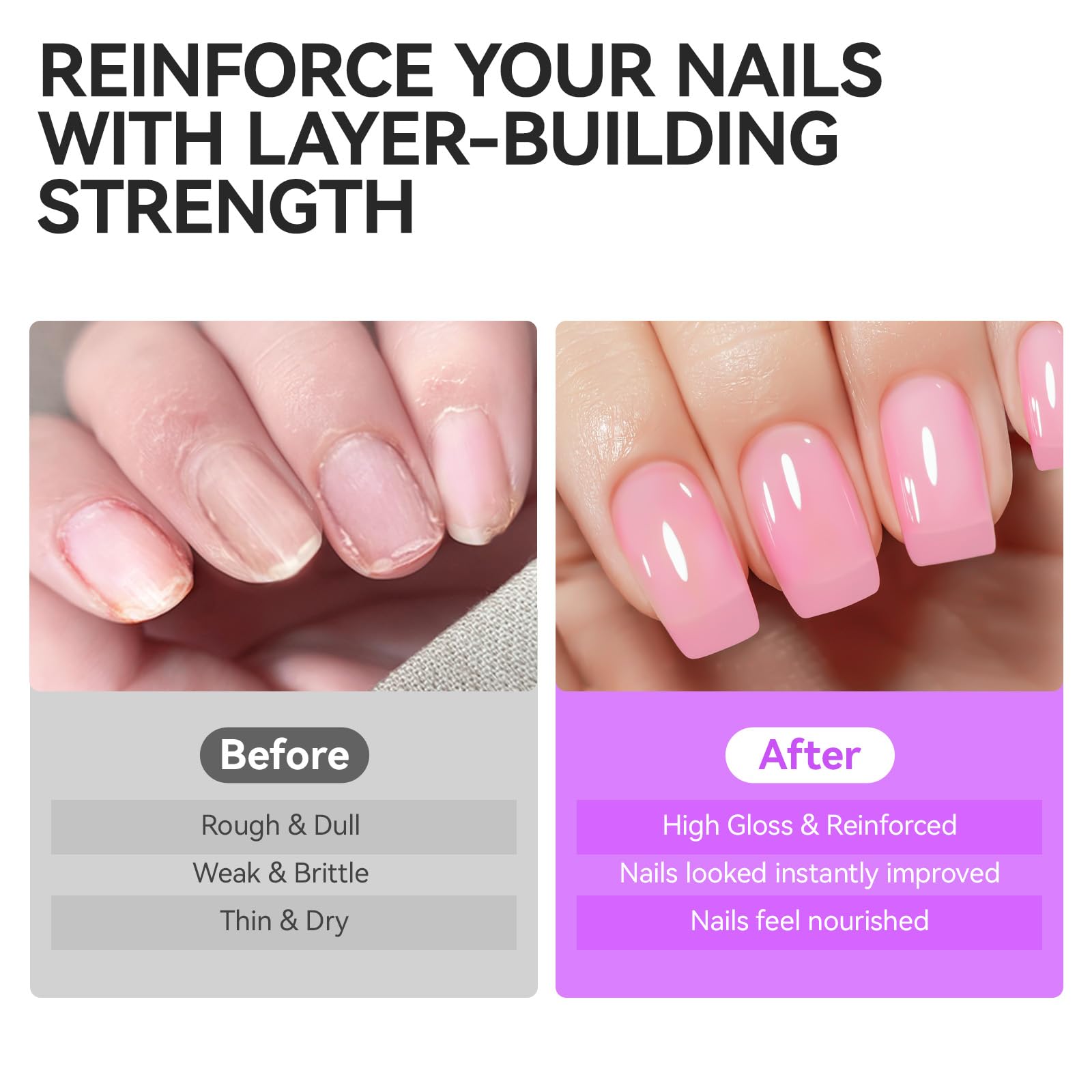 Nail Polish Strengthener and Growth Treatment: Pink Gelike EC 6 in 1 Natural Nail Hardener Extra Strong and Growth - Long Lasting Nail Repair for Damaged Nails - For Daily Work Home Salon