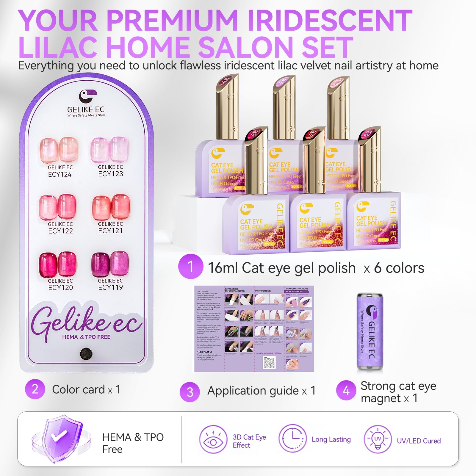 gelike ec Pink Cat Eye Gel Nail Polish Set, 6 Pretty Pink Gel Colors, 16ml