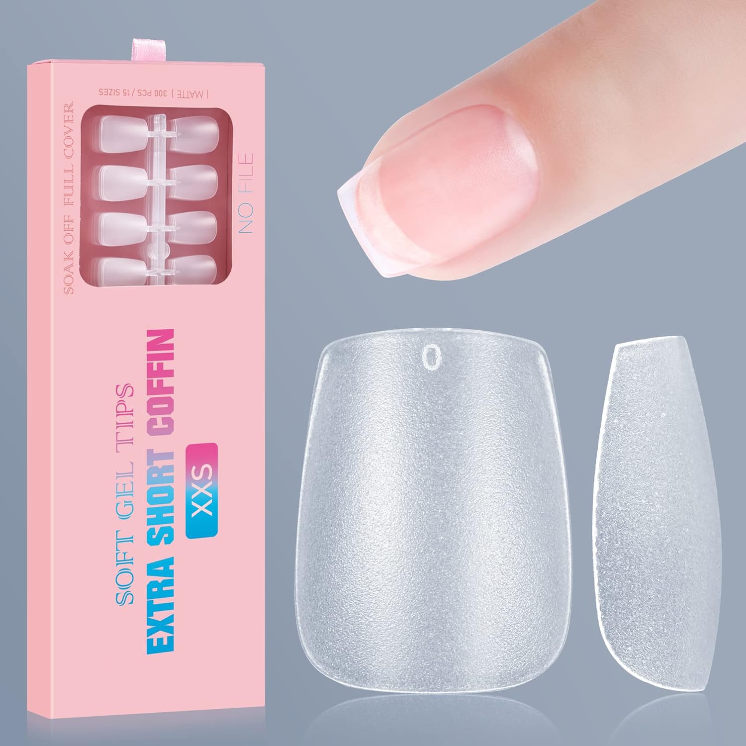XXS Short Coffin Nail Tips 300PCS Clear Nail Tip Kit for Soak Off Nail Extension, Pre-Buff PMMA Soft Gel Nail Tips Break Resistant Full Cover Gel Nail Tip 15 Sizes-XXS COFFIN