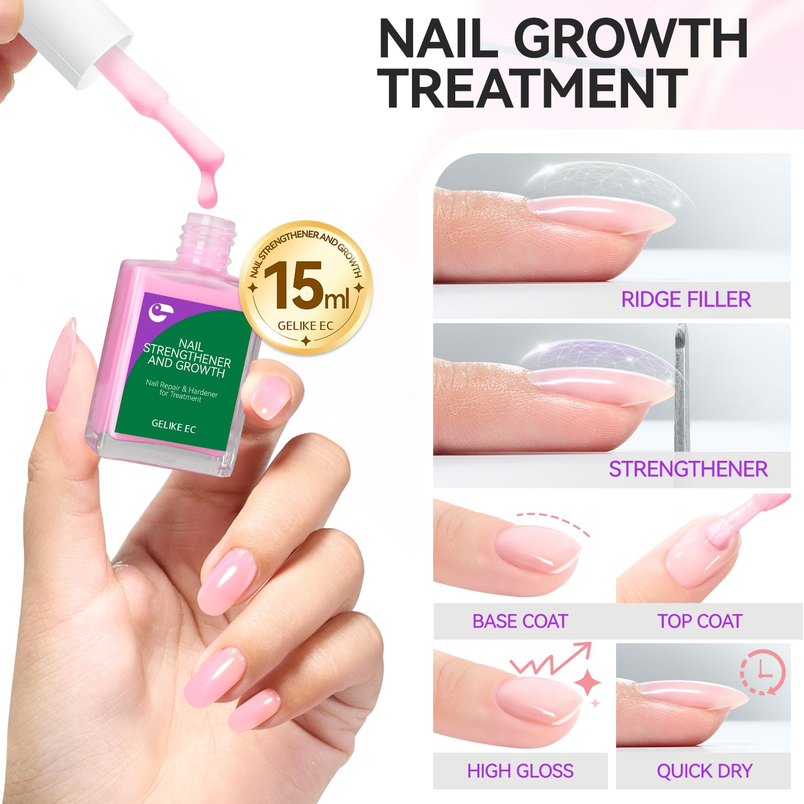 Nail Polish Strengthener and Growth Treatment: Pink Gelike EC 6 in 1 Natural Nail Hardener Extra Strong and Growth - Long Lasting Nail Repair for Damaged Nails - For Daily Work Home Salon