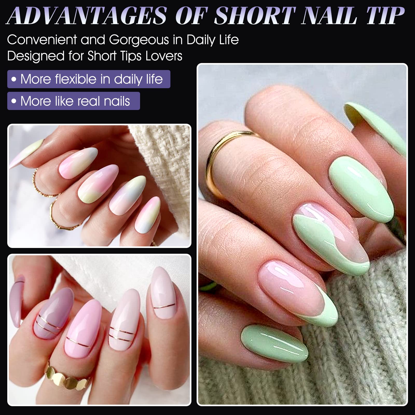 Gelike ec Short Almond Nail Tips: Pre-Etched Cover Acrylic Fake Nails