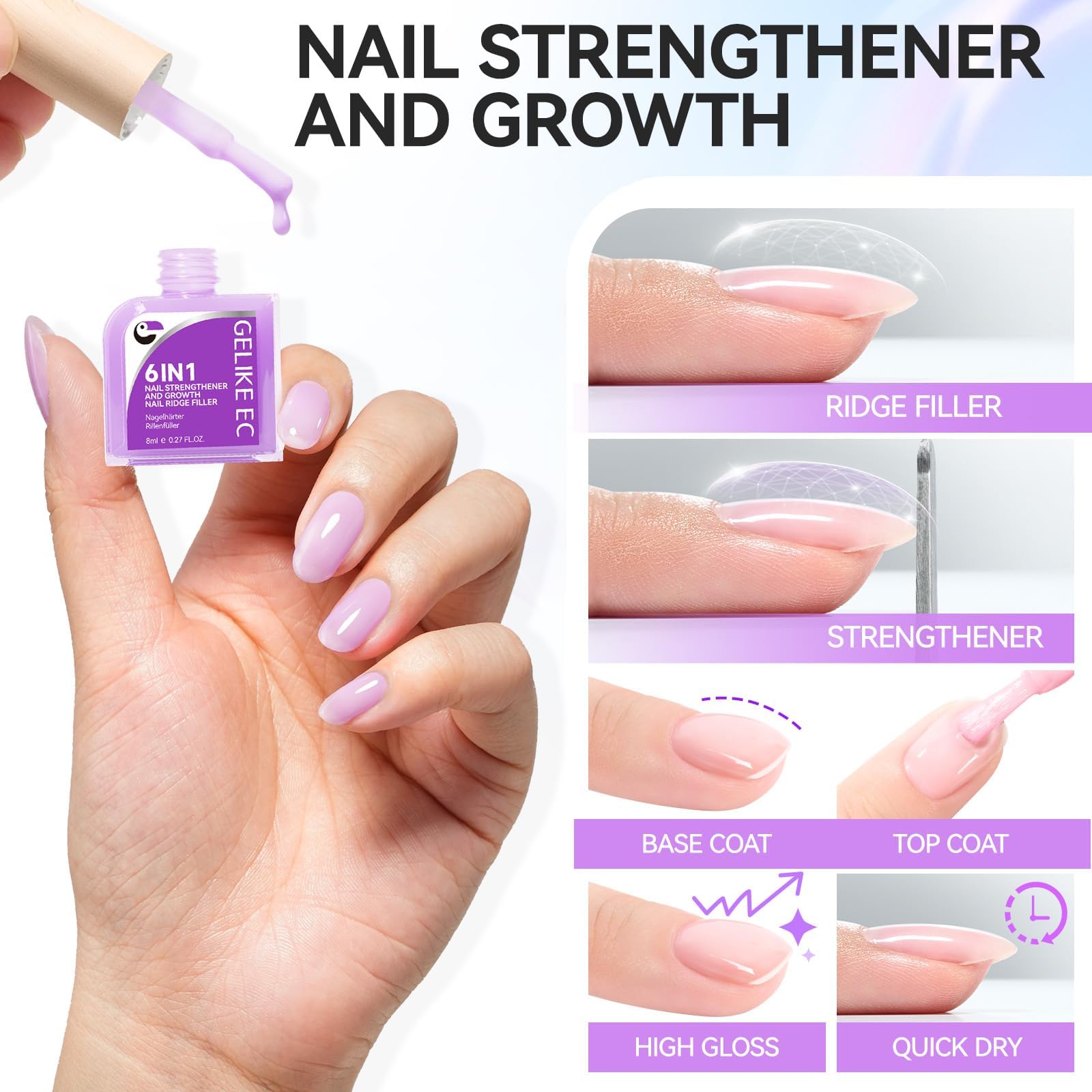 Nail Polish Strengthener and Growth: Lavender Haze Gelike EC 6 in 1 Natural Hardener - Long Lasting Nail Polish Hardener Extra Strong and Growth for Daily Work Home Salon