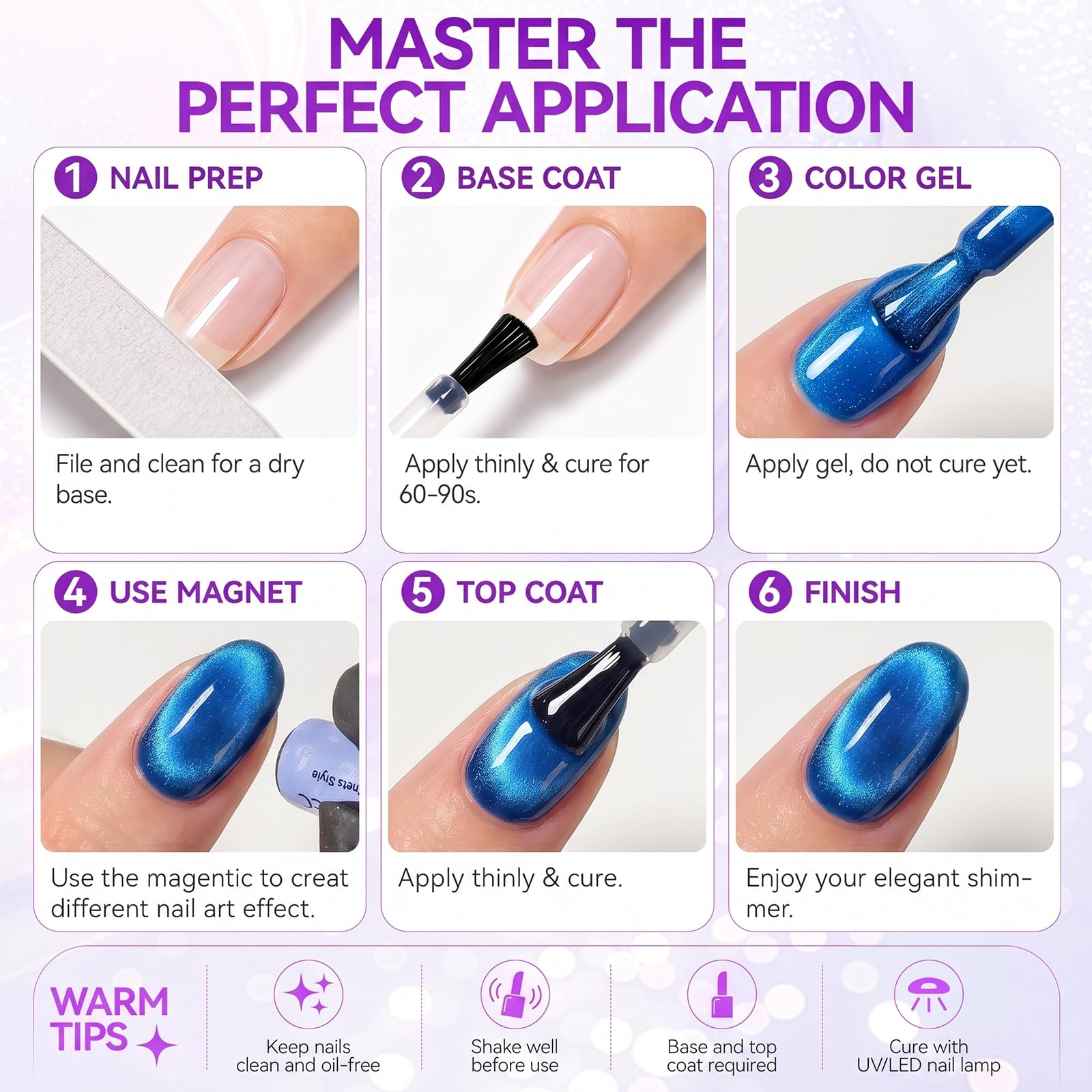 Blue Cat Eye Gel Nail Polish Set with Magnet, Ocean Sapphire 6 Colors, 16ml