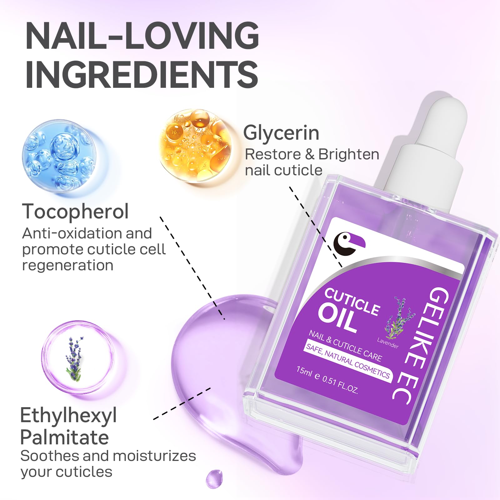 GELIKE EC Nail Cuticle Oil for Moisturize and Repair Easy and Quick Absorb Cuticles Care Treatment - Natural Lavender Smells for Women and Men Dry Damaged Thin Nails