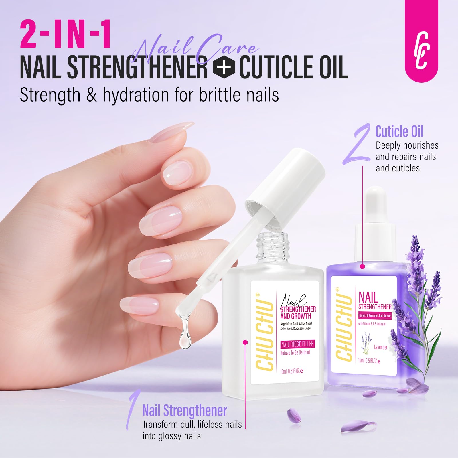 Nail Repair for Women: Nail Hardener Strengthener Extra Strong and Growth (Clear & Lavender)