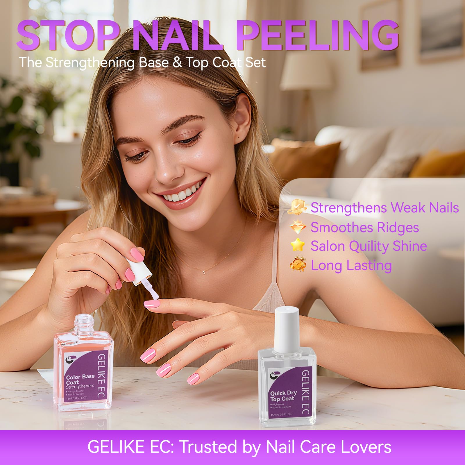 Gelike EC Top and Base Coat for Women:Quick Dry Nail Polish for Weak Nails