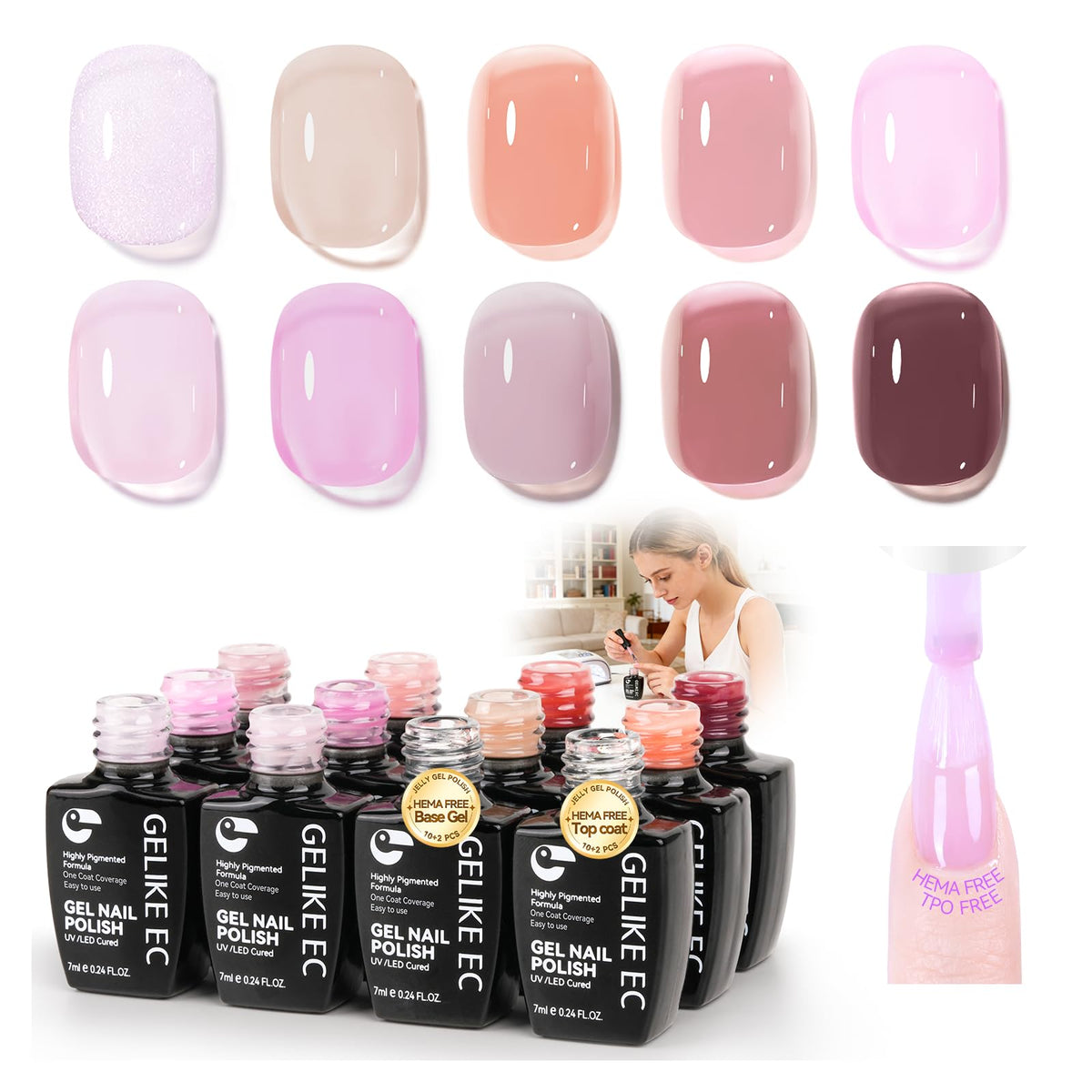 gelike ec Gel Nail Polish Set: HEMA & TPO Free Hypoallergenic Formula Professional Soak Off UV LED Gel Polish for Natural & Fake Nails (10 Gel Colors Jelly set)