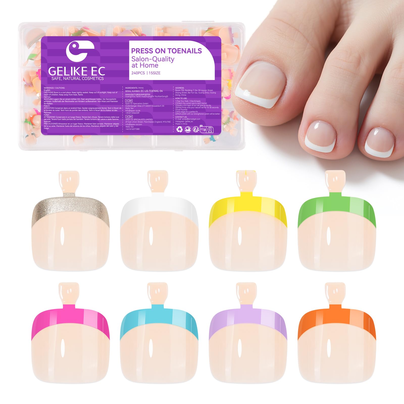 Gelike Ec Press on Toenails for Wide Beds: 240 Pcs Rainbow French Tips