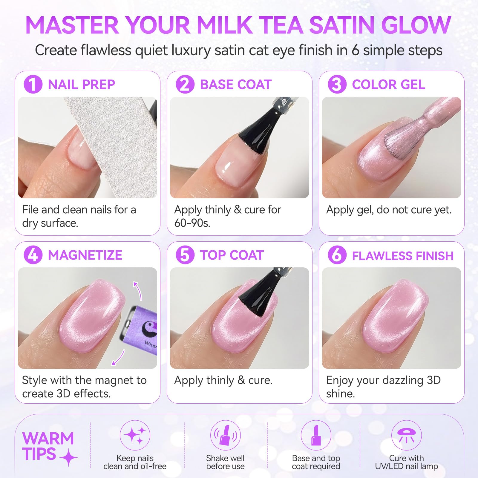 Highly Magnetic Cat Eye Gel Nail Polish Set, 6 Soft Satin Shades, 16ML Each