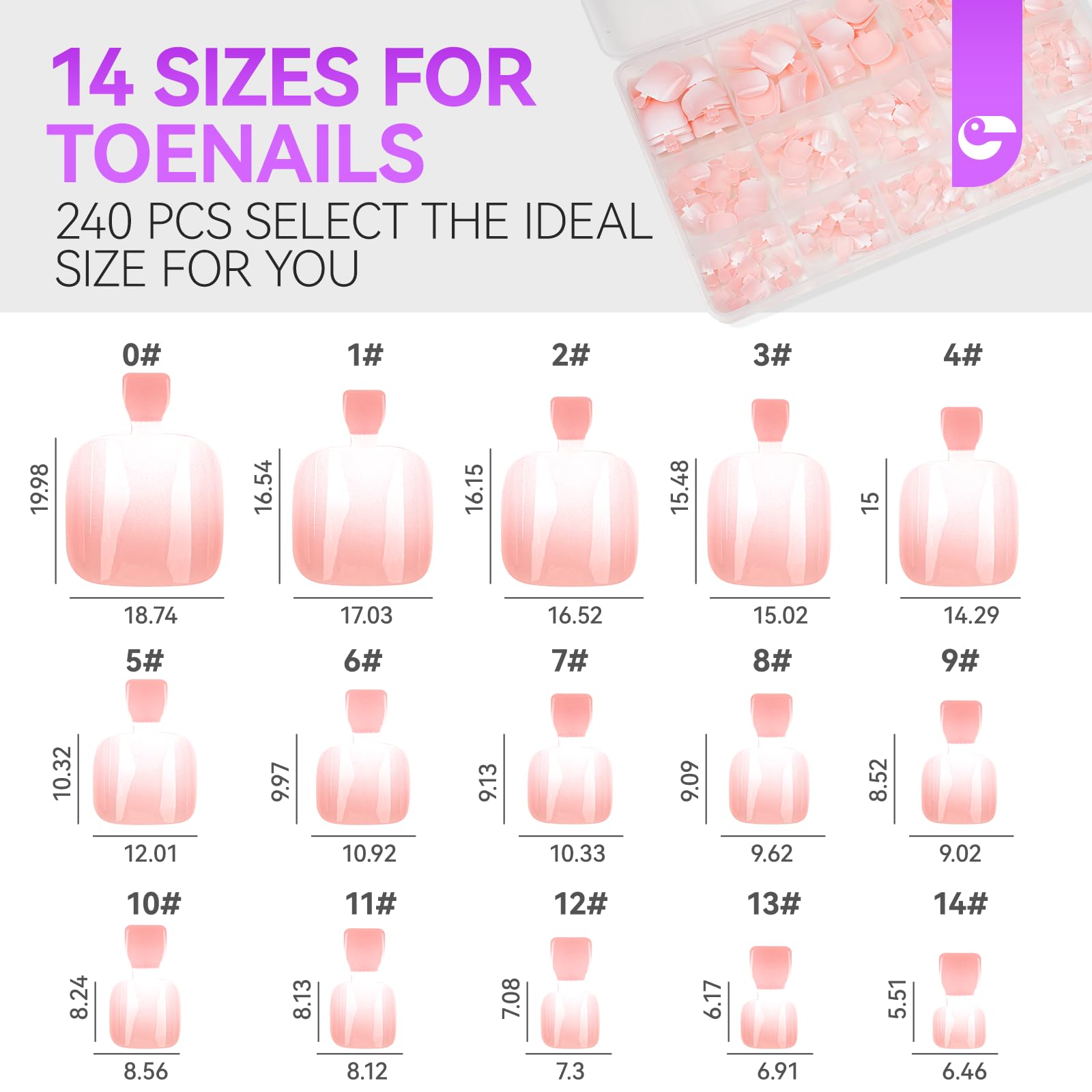Gelike Ec Press on Toenails for Wide Beds: 240 Pcs Blush Pink Ombre French