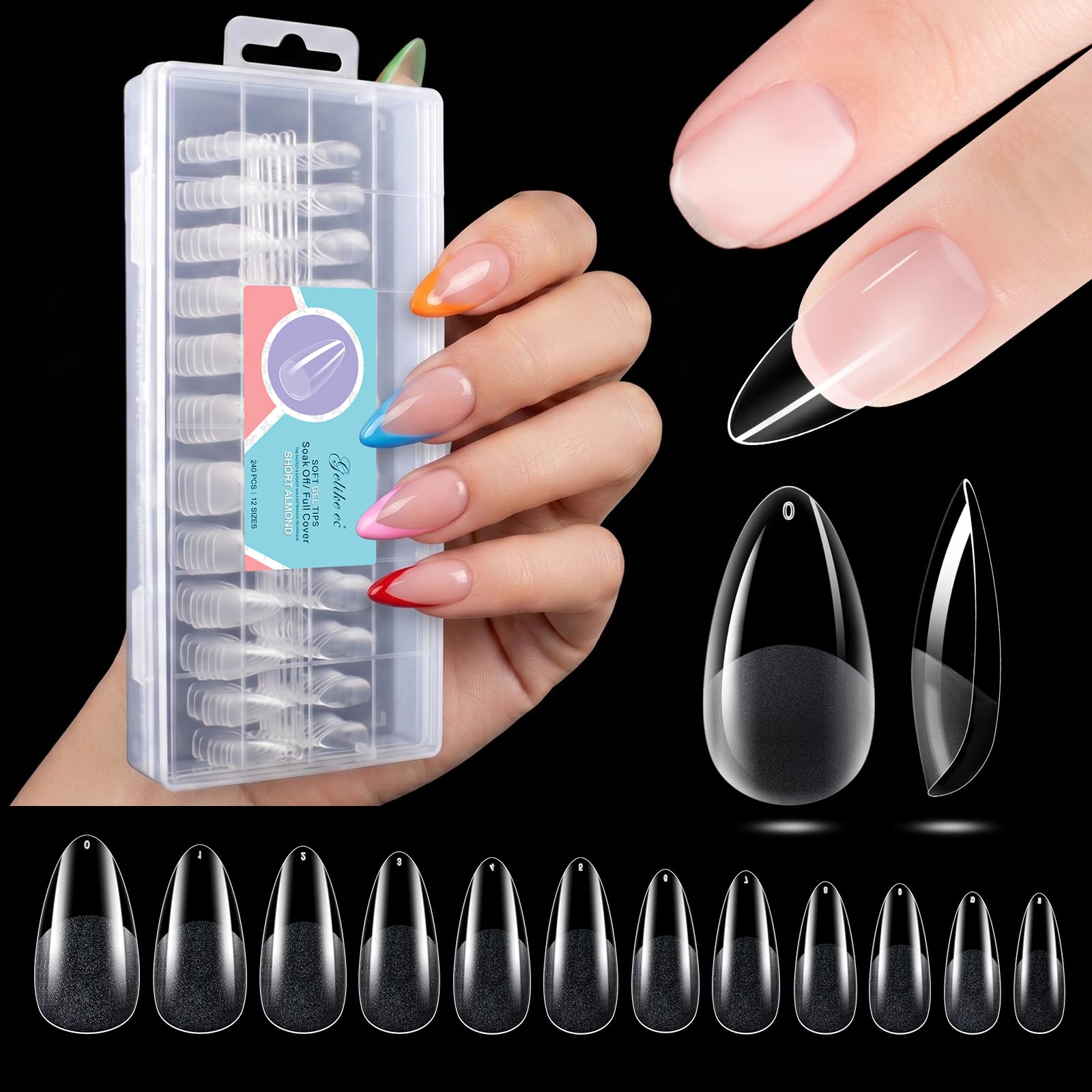 Gelike ec Short Almond Nail Tips: Pre-Etched Cover Acrylic Fake Nails