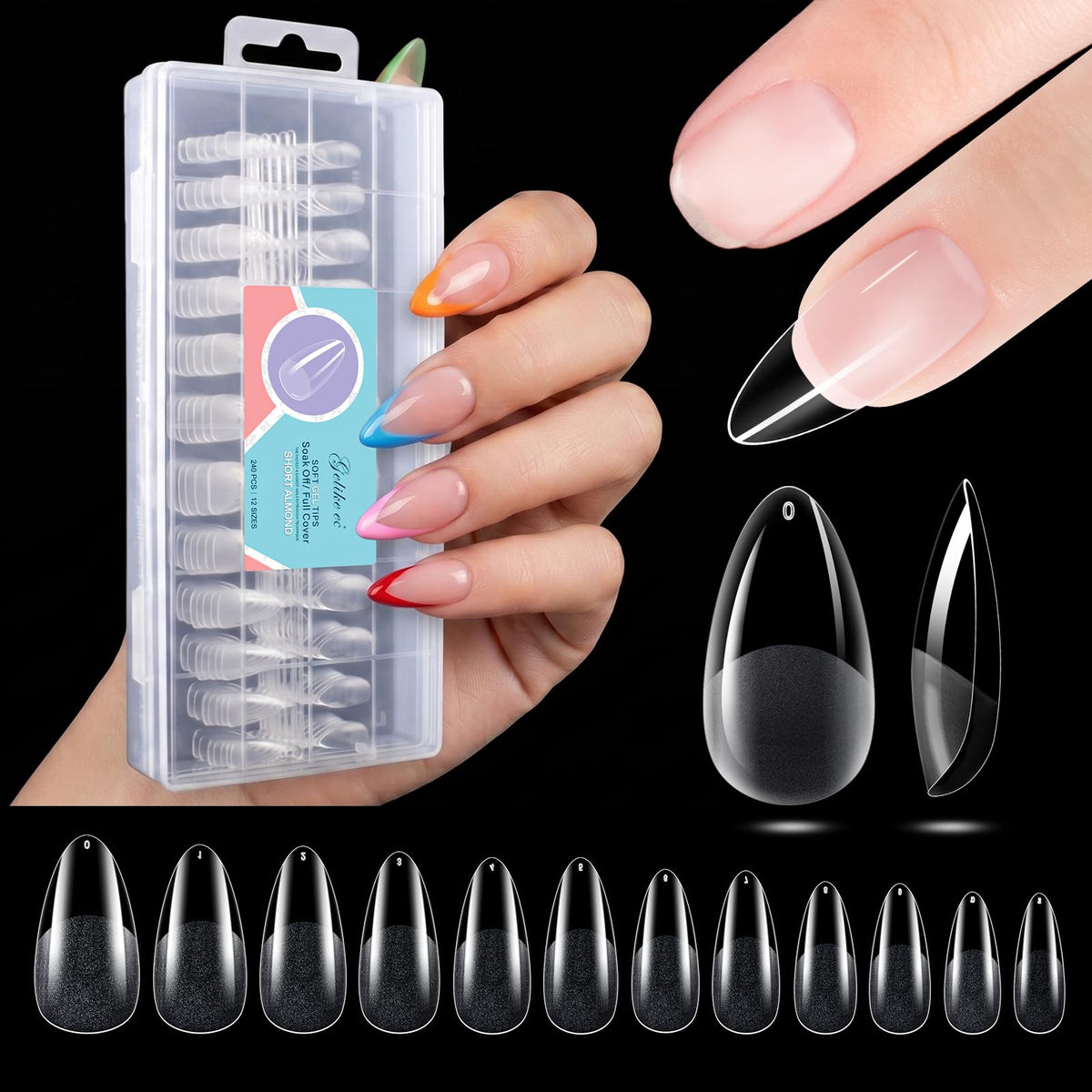 Gelike ec Short Almond Nail Tips: Pre-Etched Cover Acrylic Fake Nails