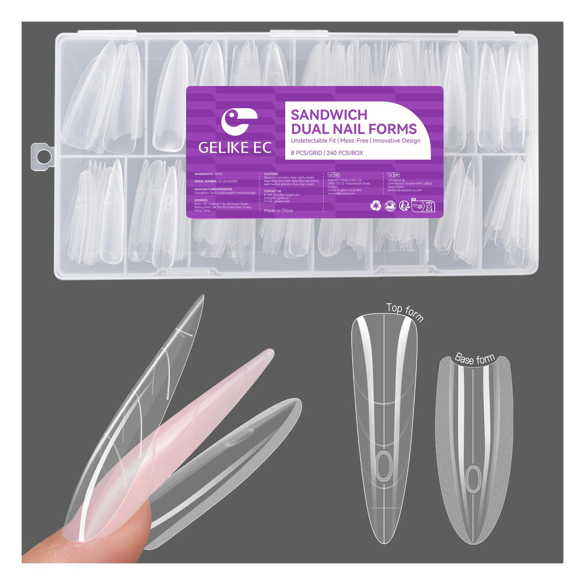 Gelike EC Nail Forms for Builder Gel: Reusable Almond Sandwich Dual Form