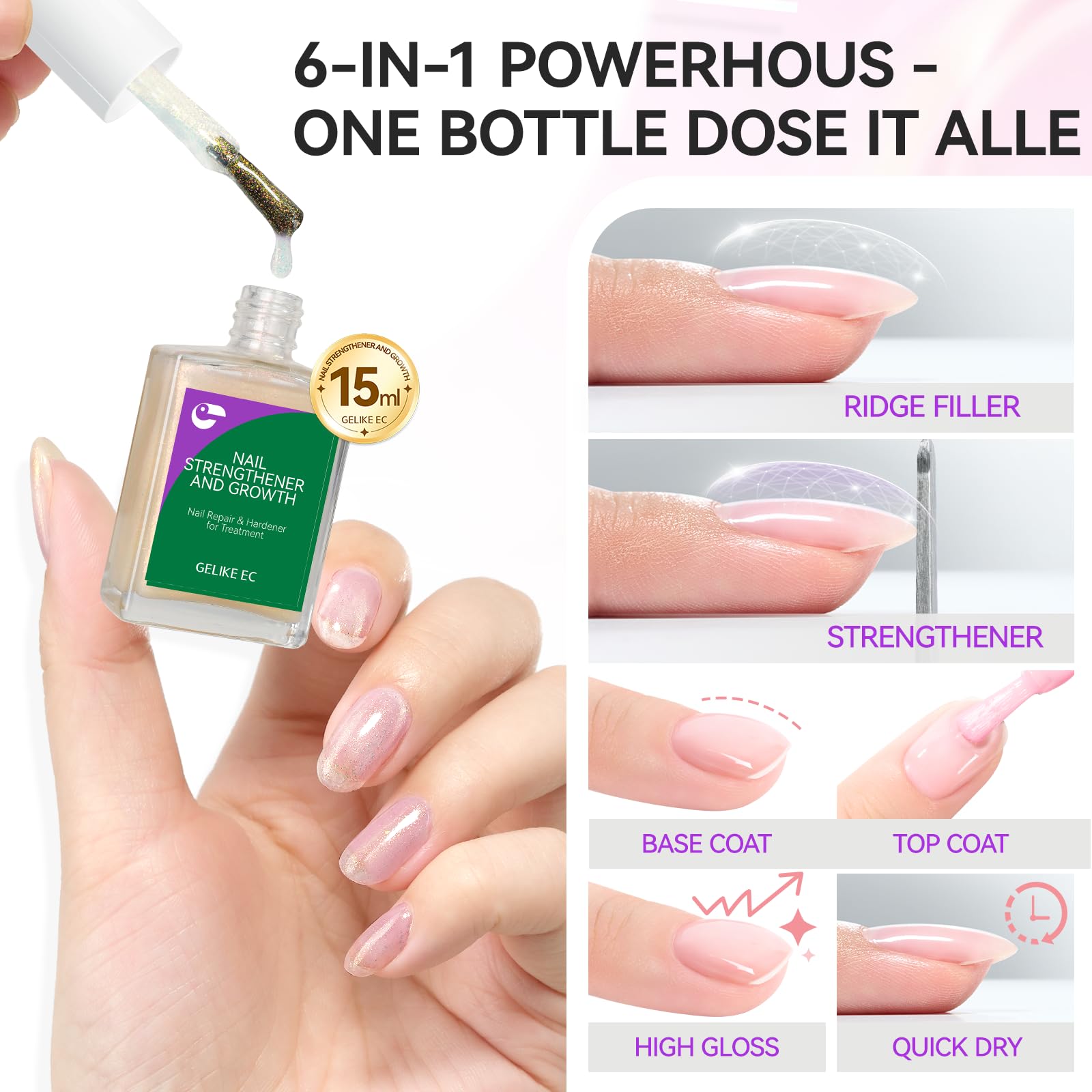 gelike ec Nail Hardener Strengthener Polish: Glitter Pearl for Weak Nails
