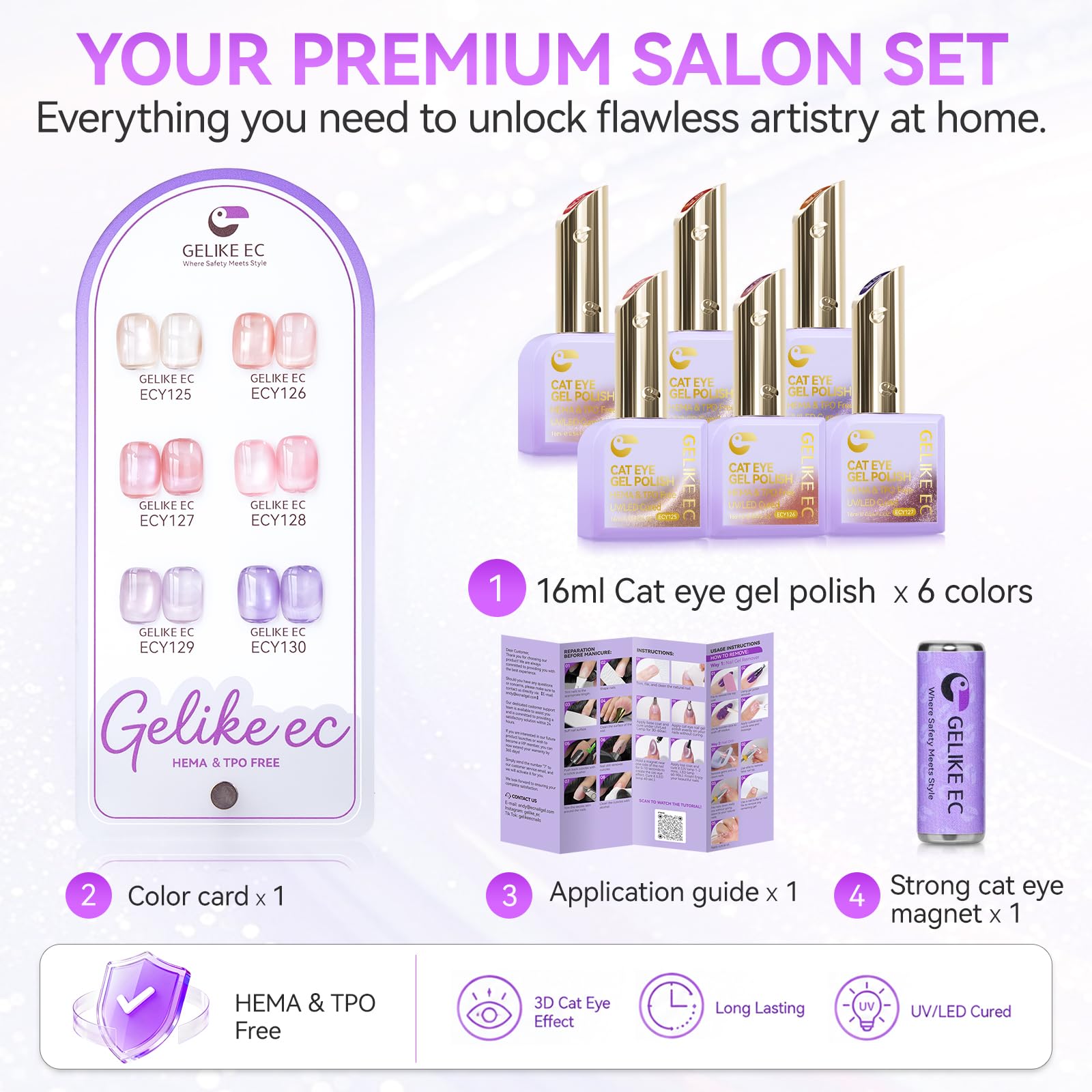 Highly Magnetic Cat Eye Gel Nail Polish Set, 6 Soft Satin Shades, 16ML Each