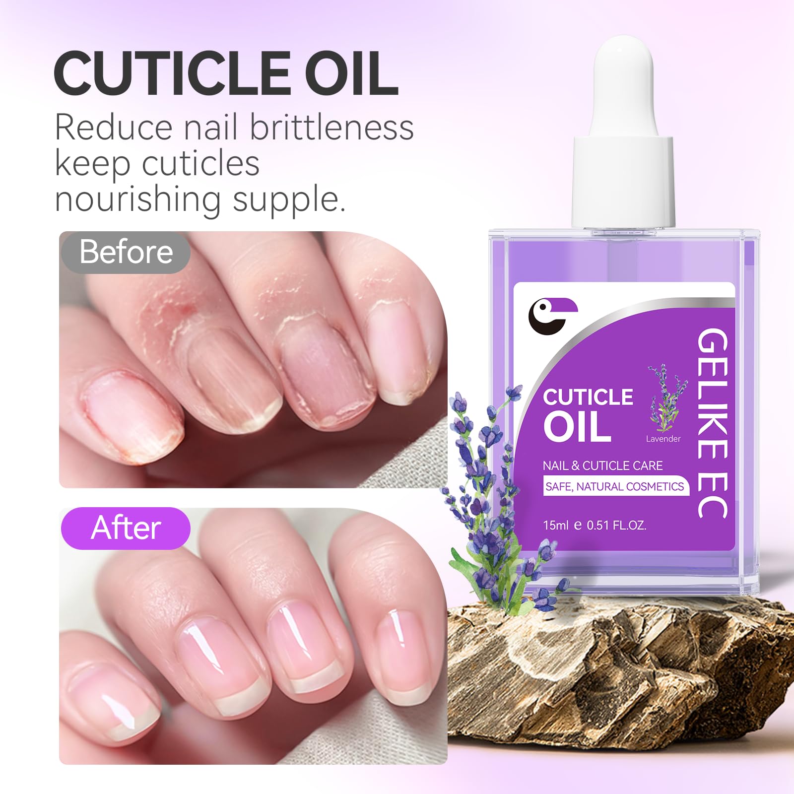 GELIKE EC Nail Cuticle Oil for Moisturize and Repair Easy and Quick Absorb Cuticles Care Treatment - Natural Lavender Smells for Women and Men Dry Damaged Thin Nails