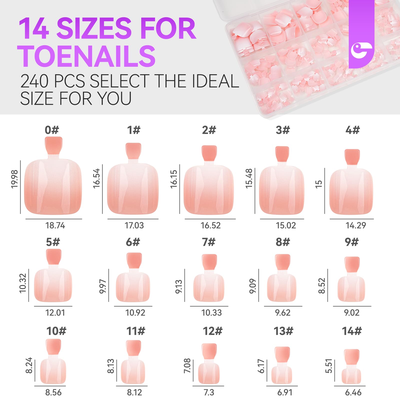 Press on Toenails for Wide Beds: 240 Pcs Peach Pink Ombre French