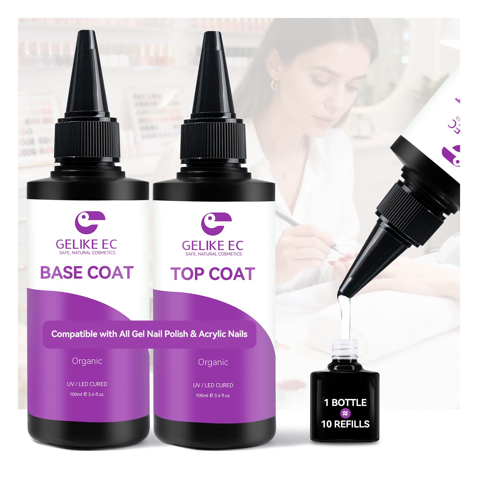 gelike ec Base Gel & Top Coat Set 2 x 100ml HEMA-Free Salon Refill Duo Kit