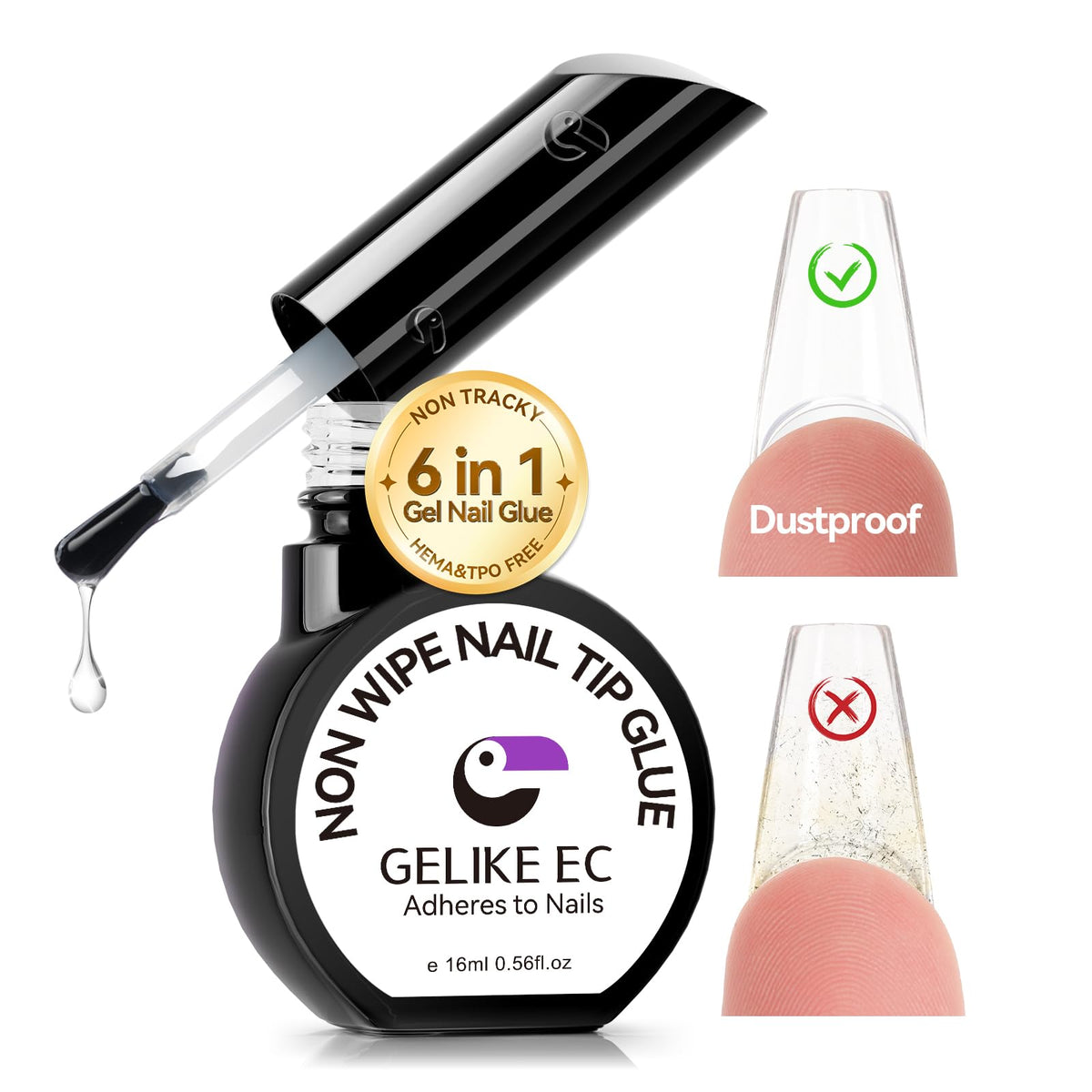 Gelike Gel Nail Glue for Press Ons - No Wipe Strong Nail Glue for Nail Tips