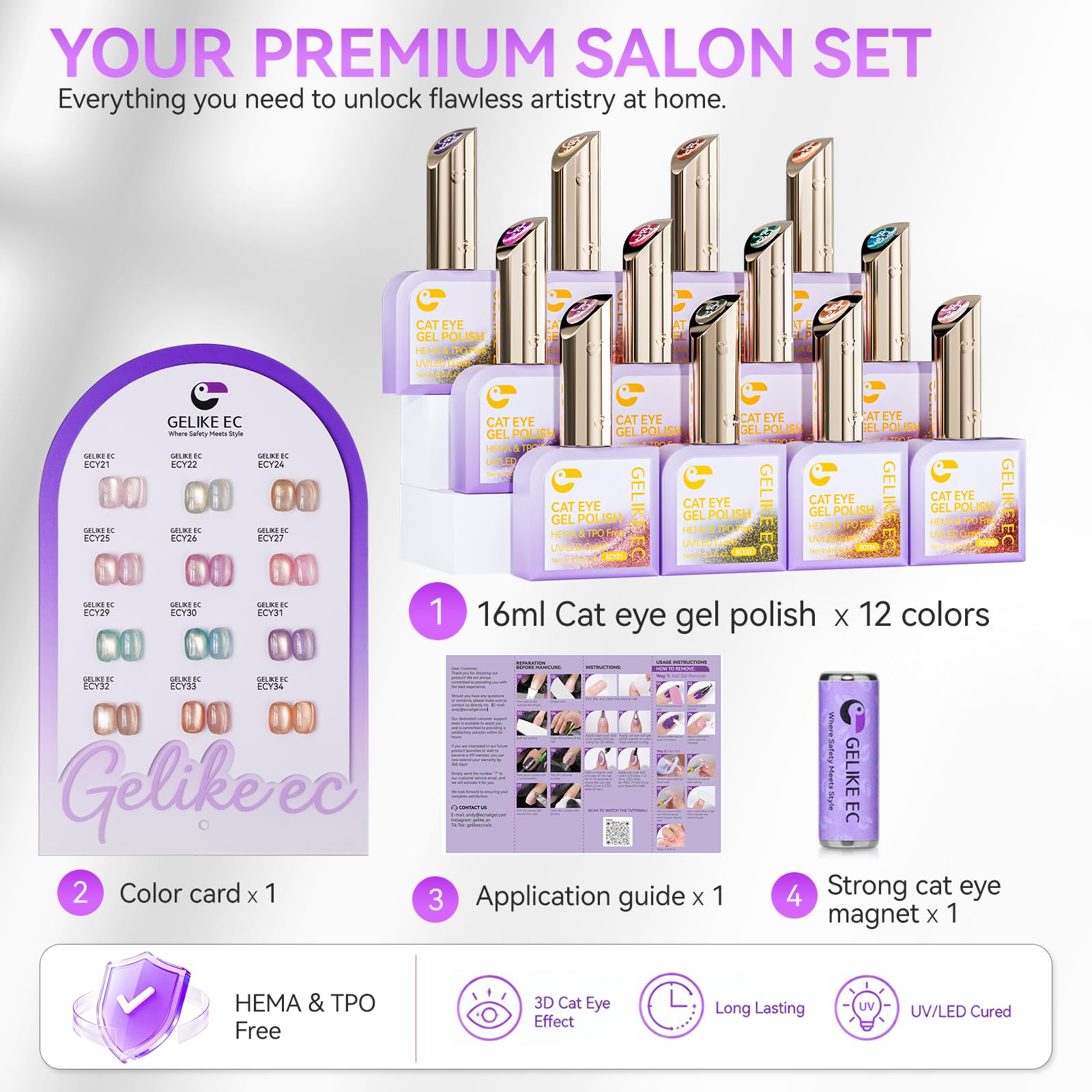 Cat Eye Gel Nail Polish Set: Highly Pigmented Color with 1-Coat Coverage