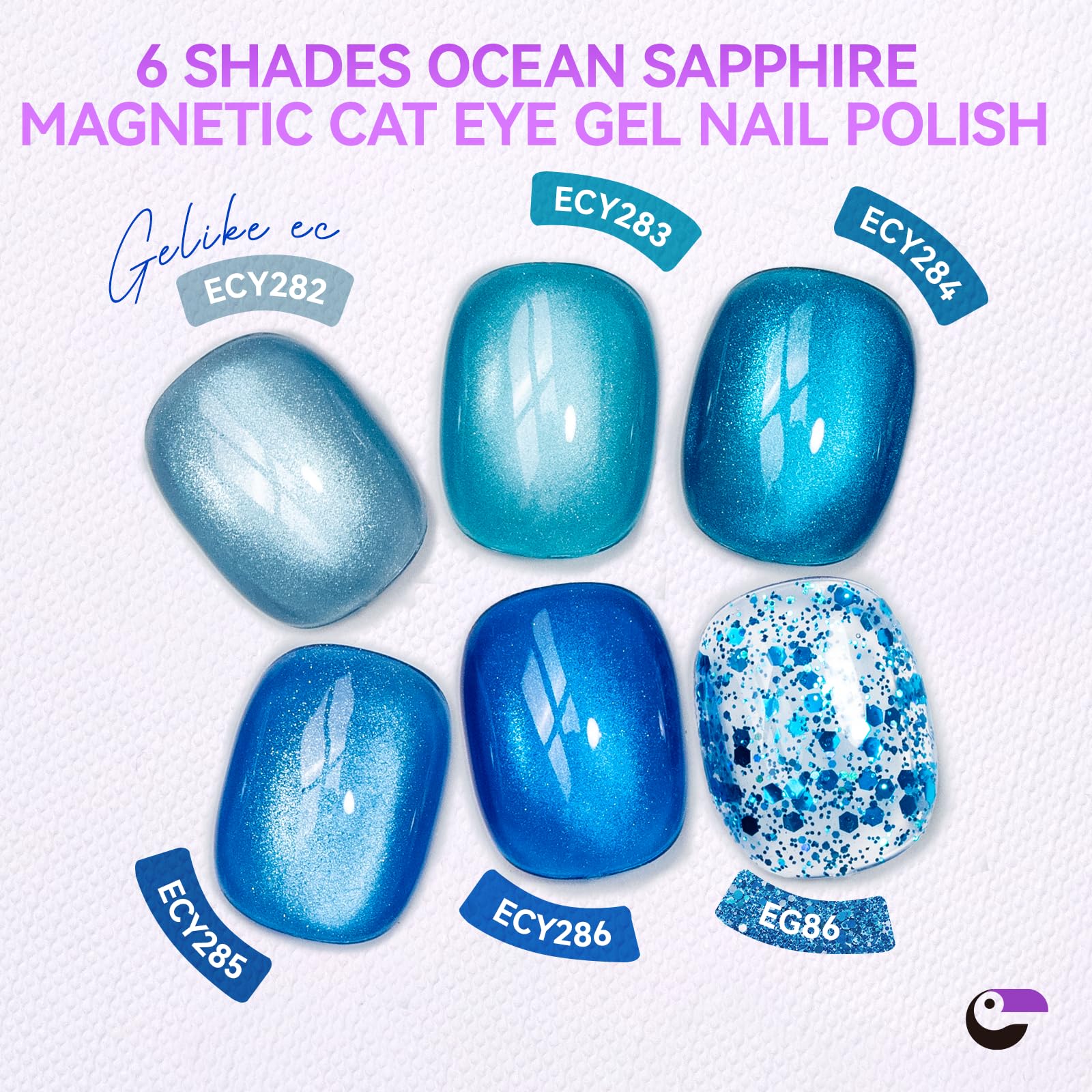 Blue Cat Eye Gel Nail Polish Set with Magnet, Ocean Sapphire 6 Colors, 16ml