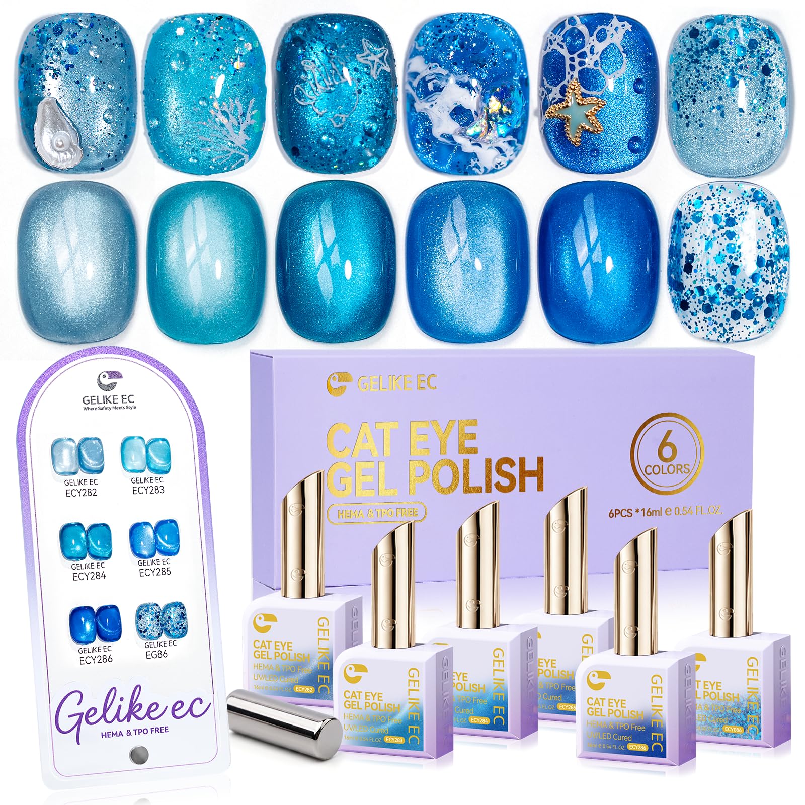 Blue Cat Eye Gel Nail Polish Set with Magnet, Ocean Sapphire 6 Colors, 16ml