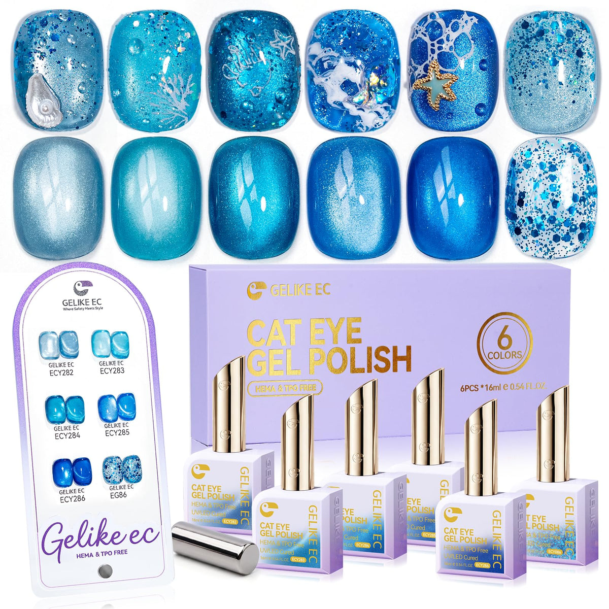 Blue Cat Eye Gel Nail Polish Set with Magnet, Ocean Sapphire 6 Colors, 16ml