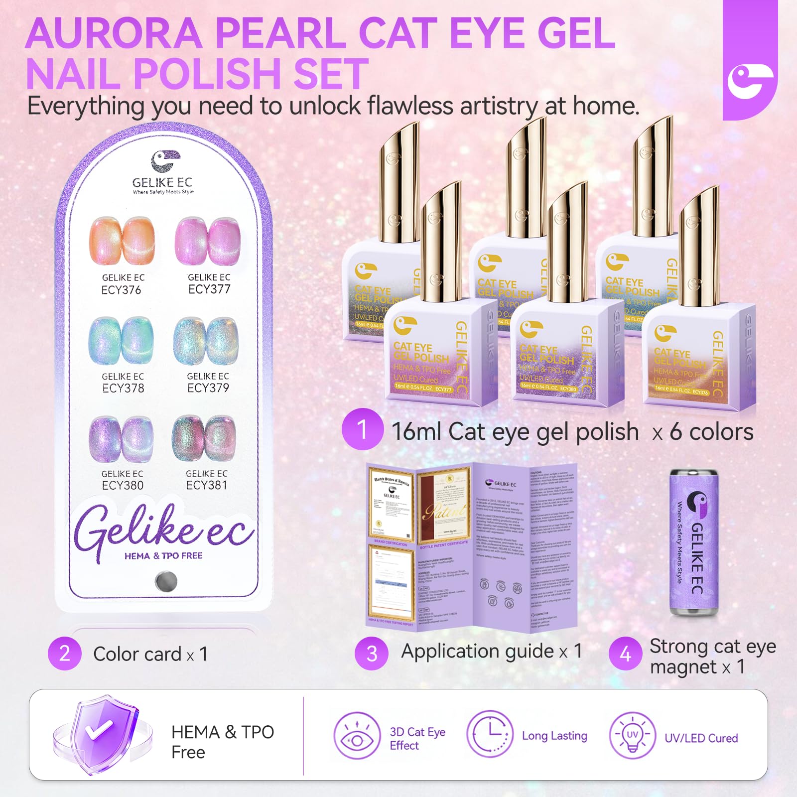Aurora Pearl Cat Eye Gel Nail Polish Set 6 Colors, 16ML Same Color Bottle