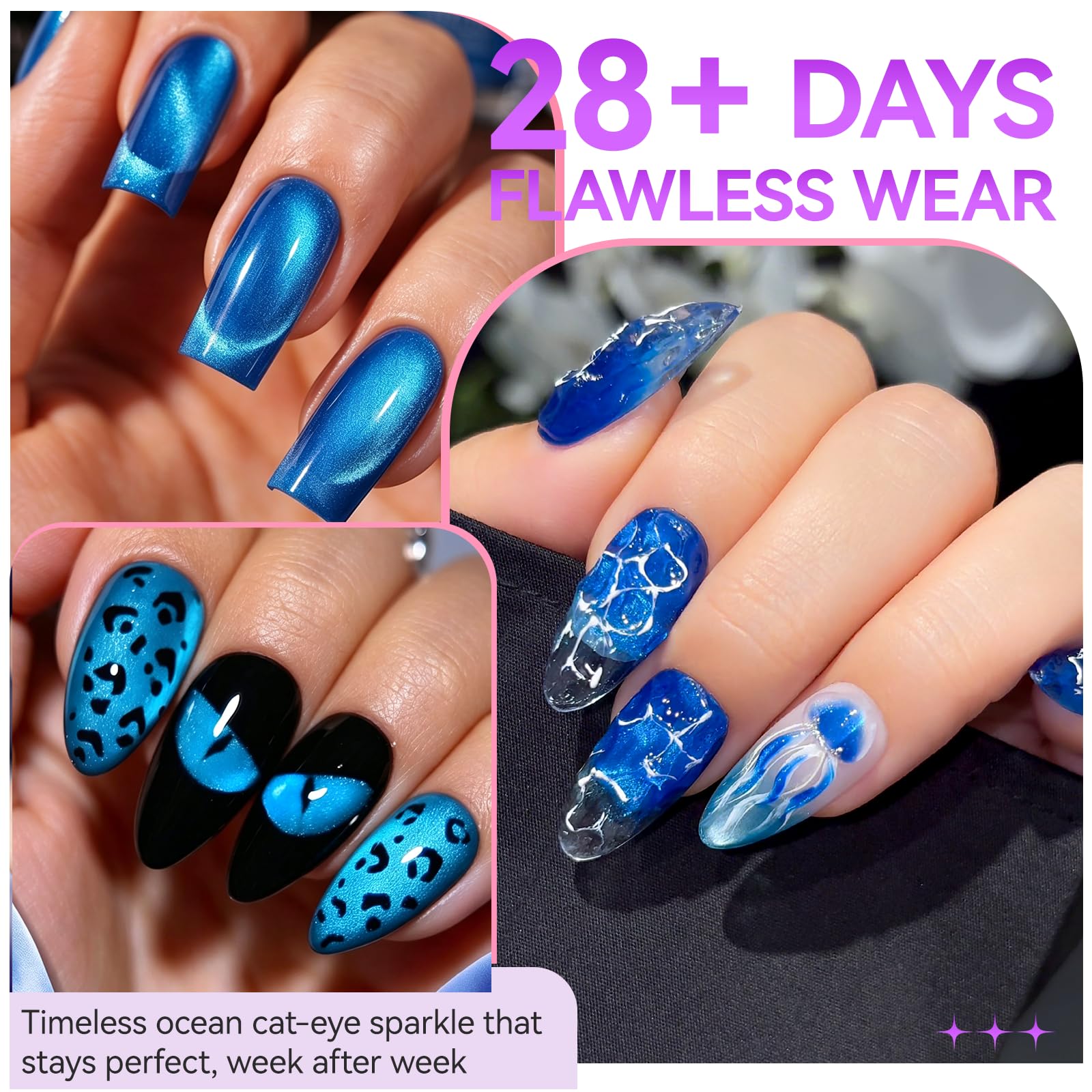Blue Cat Eye Gel Nail Polish Set with Magnet, Ocean Sapphire 6 Colors, 16ml