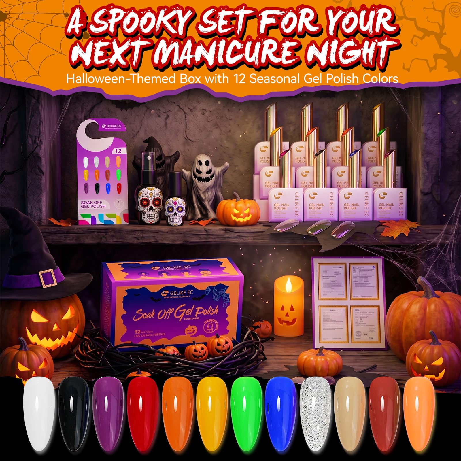 Gel Polish Set for Halloween-themed Box Spooky Nail Art Black Orange Purple