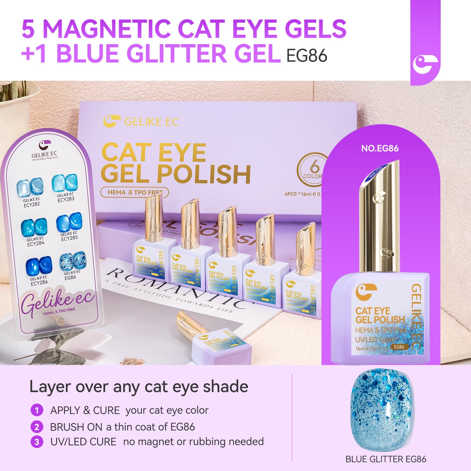 Blue Cat Eye Gel Nail Polish Set with Magnet, Ocean Sapphire 6 Colors, 16ml
