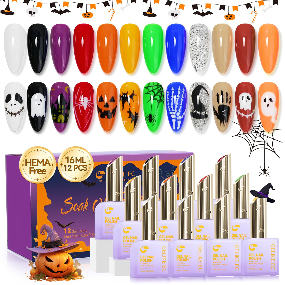 Gel Polish Set for Halloween-themed Box Spooky Nail Art Black Orange Purple