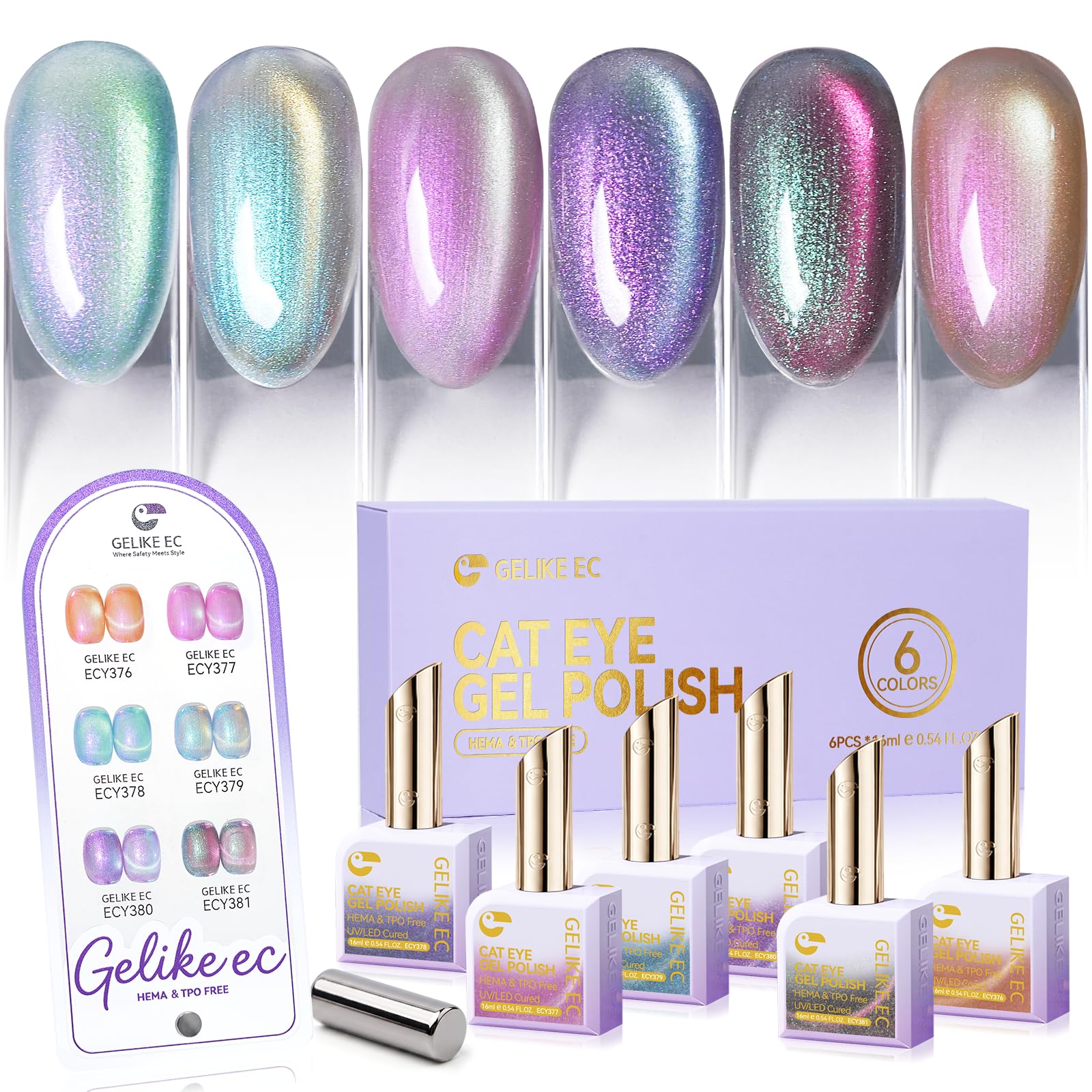 Aurora Pearl Cat Eye Gel Nail Polish Set 6 Colors, 16ML Same Color Bottle