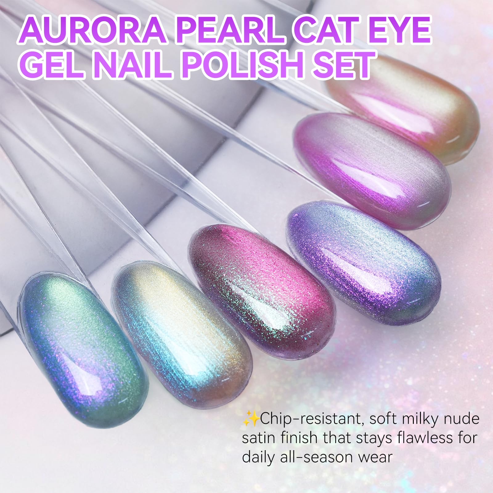 Aurora Pearl Cat Eye Gel Nail Polish Set 6 Colors, 16ML Same Color Bottle