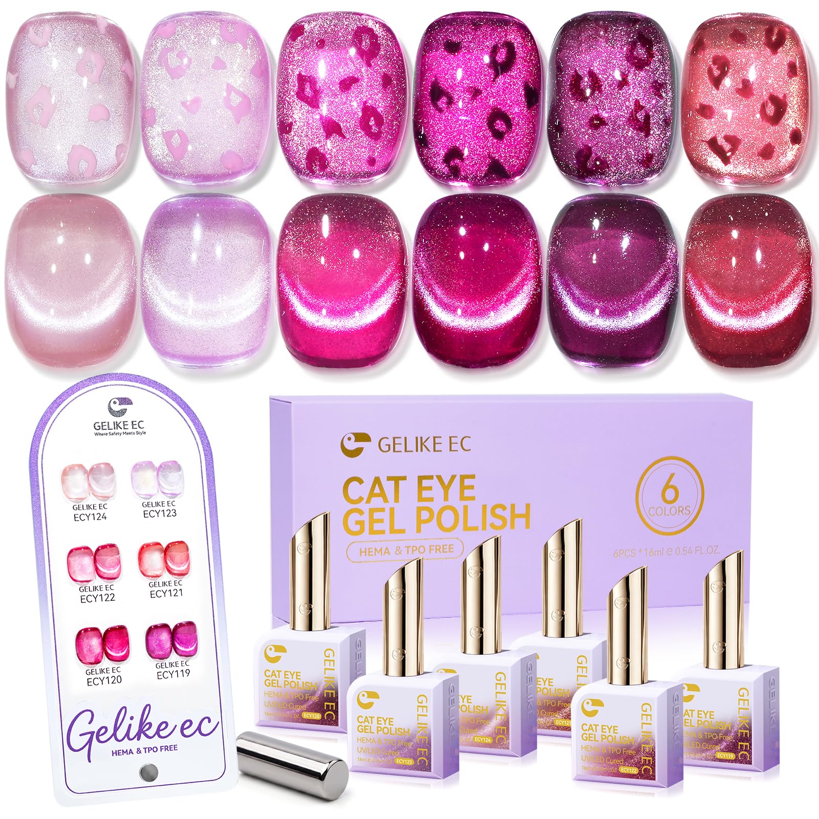gelike ec Pink Cat Eye Gel Nail Polish Set, 6 Pretty Pink Gel Colors, 16ml