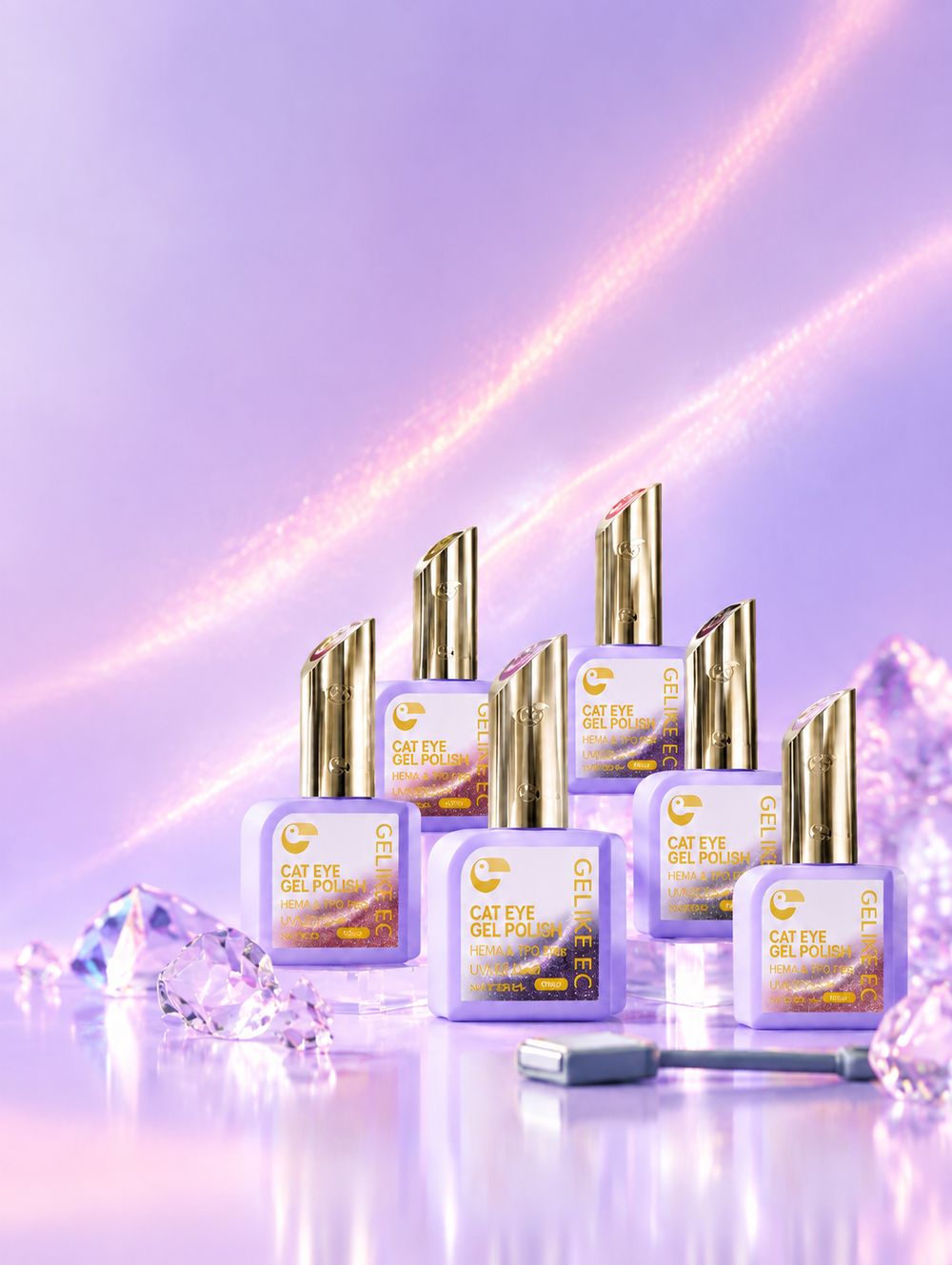 GELIKE EC Cat Eye Gel Nail Polish Set featuring gold caps and purple bottles. HEMA & TPO Free formula for safe, salon-quality home manicures, optimized for mobile hero banner display.
